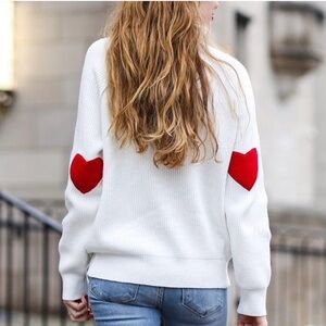 White High Neck Sweater With Red Heart Patches Back of Sleeves Size L/XL